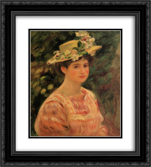Young Woman Wearing a Hat with Wild Roses 20x22 Black Ornate Wood Framed Art Print Poster with Double Matting by Renoir, Pierre Auguste