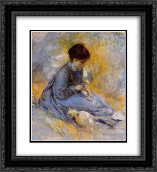 Young Woman with a Dog 20x22 Black Ornate Wood Framed Art Print Poster with Double Matting by Renoir, Pierre Auguste
