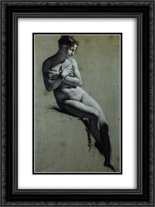 Drawing of Female Nude with charcoal and chalk 18x24 Black Ornate Wood Framed Art Print Poster with Double Matting by Prud'hon, Pierre Paul