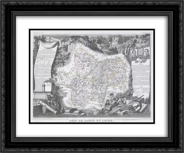 Map of the Saone and Loire region in France 24x20 Black Ornate Wood Framed Art Print Poster with Double Matting by Prud'hon, Pierre Paul