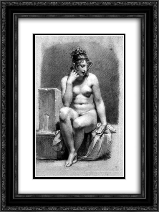 Seated Female Nude by a Fountain 18x24 Black Ornate Wood Framed Art Print Poster with Double Matting by Prud'hon, Pierre Paul