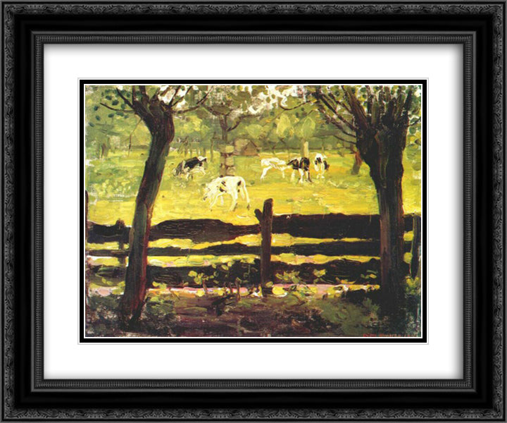 Calves in a Field Bordered by Willow Trees 24x20 Black Ornate Wood Framed Art Print Poster with Double Matting by Mondrian, Piet