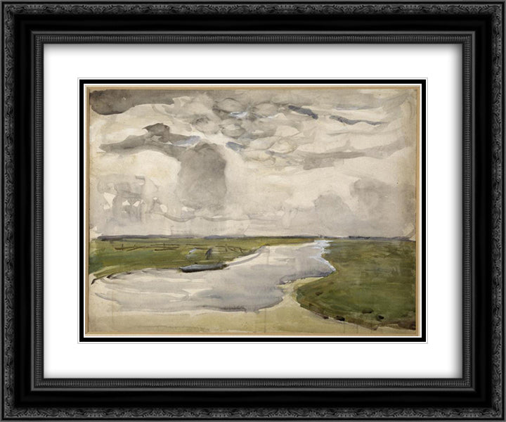 Meandering Landscape with River 24x20 Black Ornate Wood Framed Art Print Poster with Double Matting by Mondrian, Piet