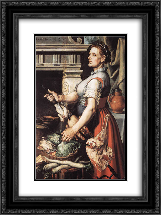 Cook in front of the Stove 18x24 Black Ornate Wood Framed Art Print Poster with Double Matting by Aertsen, Pieter