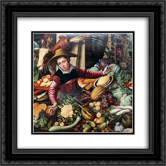Market woman at a vegetable stand 20x20 Black Ornate Wood Framed Art Print Poster with Double Matting by Aertsen, Pieter