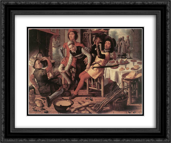 Peasants by the Hearth 24x20 Black Ornate Wood Framed Art Print Poster with Double Matting by Aertsen, Pieter