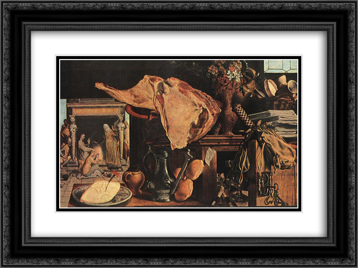 Still-Life 24x18 Black Ornate Wood Framed Art Print Poster with Double Matting by Aertsen, Pieter