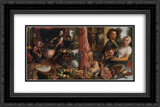 The Fat Kitchen. An Allegory 24x16 Black Ornate Wood Framed Art Print Poster with Double Matting by Aertsen, Pieter