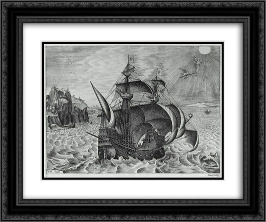 Armed Three Master with Daedalus and Icarus in the Sky 24x20 Black Ornate Wood Framed Art Print Poster with Double Matting by Bruegel the Elder, Pieter