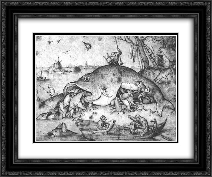 Big fishes eat small fishes 24x20 Black Ornate Wood Framed Art Print Poster with Double Matting by Bruegel the Elder, Pieter