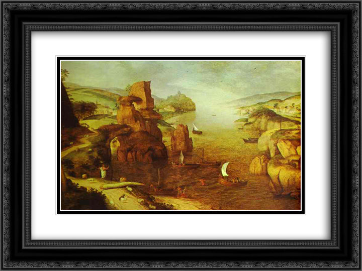 Landscape with Christ Appearing to the Apostles at the Sea of Tiberias 24x18 Black Ornate Wood Framed Art Print Poster with Double Matting by Bruegel the Elder, Pieter