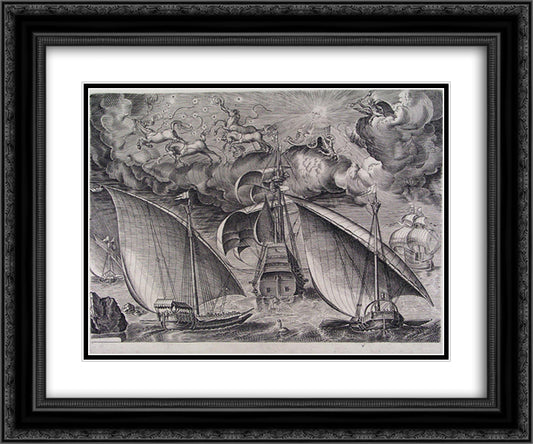 Man of War between two Galleys 24x20 Black Ornate Wood Framed Art Print Poster with Double Matting by Bruegel the Elder, Pieter