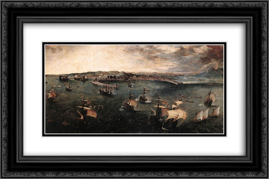 Naval battle in the Gulf of Naples 24x16 Black Ornate Wood Framed Art Print Poster with Double Matting by Bruegel the Elder, Pieter