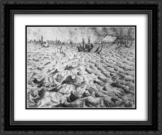 Seascape with a View of Antwerp 24x20 Black Ornate Wood Framed Art Print Poster with Double Matting by Bruegel the Elder, Pieter