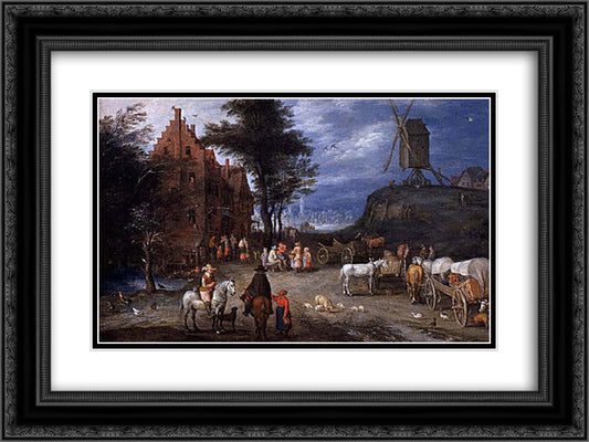 Village street 24x18 Black Ornate Wood Framed Art Print Poster with Double Matting by Bruegel the Elder, Pieter