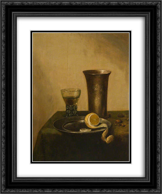 A Silver Beaker, a Roemer and a Peeled Lemon 20x24 Black Ornate Wood Framed Art Print Poster with Double Matting by Claesz, Pieter