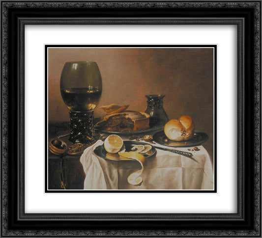 Breakfast Still Life with Roemer, Meat Pie, Lemon and Bread 22x20 Black Ornate Wood Framed Art Print Poster with Double Matting by Claesz, Pieter