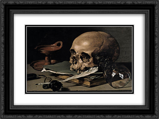 Still Life. Skull and Writing Quill 24x18 Black Ornate Wood Framed Art Print Poster with Double Matting by Claesz, Pieter