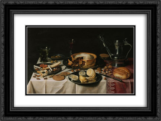 Still Life 1630 24x18 Black Ornate Wood Framed Art Print Poster with Double Matting by Claesz, Pieter