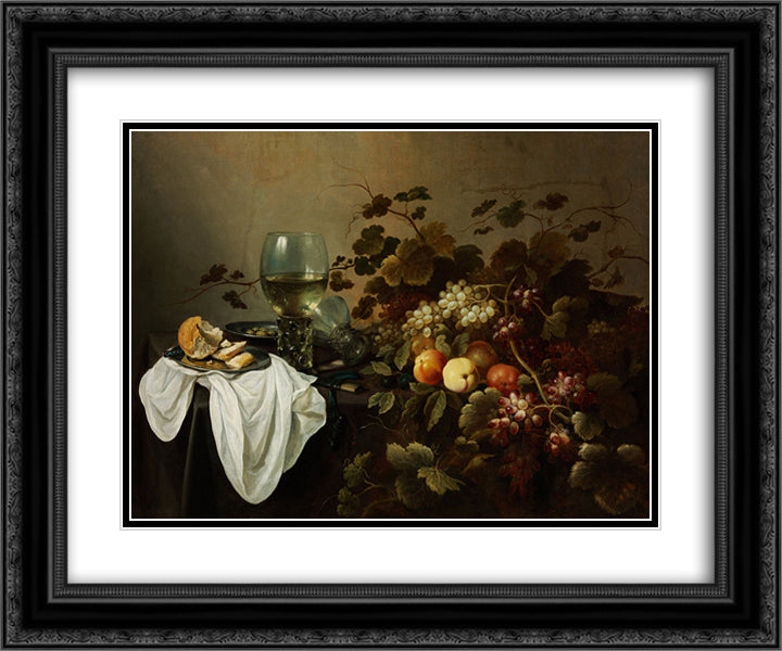 Still Life with Fruit and Roemer 24x20 Black Ornate Wood Framed Art Print Poster with Double Matting by Claesz, Pieter