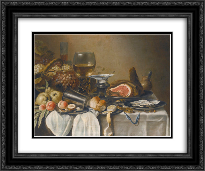 Still Life with Ham 24x20 Black Ornate Wood Framed Art Print Poster with Double Matting by Claesz, Pieter