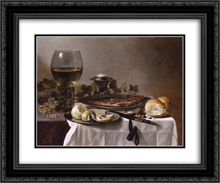 Still Life with Herring, Wine and Bread 24x20 Black Ornate Wood Framed Art Print Poster with Double Matting by Claesz, Pieter