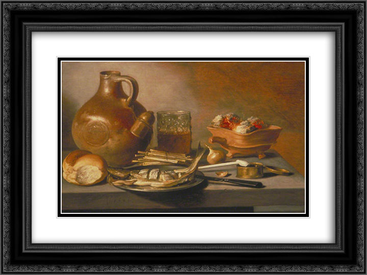 Still Life with Herring, Wine and Bread 24x18 Black Ornate Wood Framed Art Print Poster with Double Matting by Claesz, Pieter