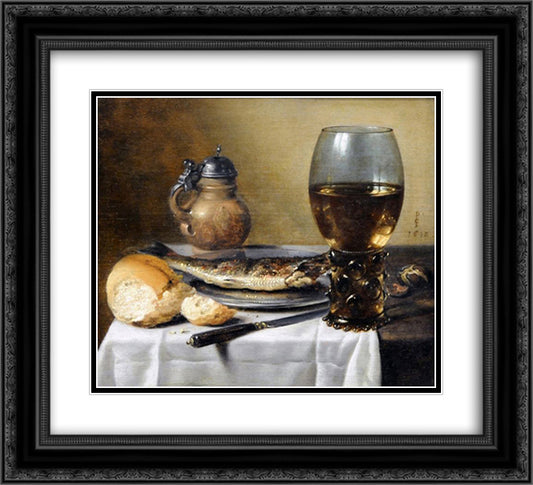 Still Life with Jug, Wine Glass, Herring and Bread 22x20 Black Ornate Wood Framed Art Print Poster with Double Matting by Claesz, Pieter