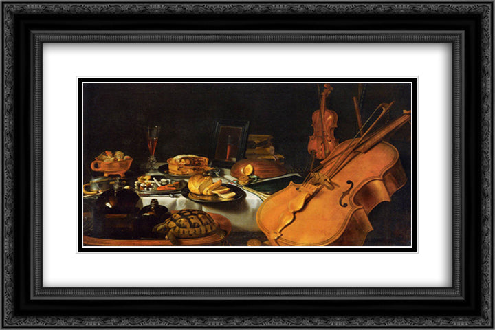 Still Life with Musical Instruments 24x16 Black Ornate Wood Framed Art Print Poster with Double Matting by Claesz, Pieter