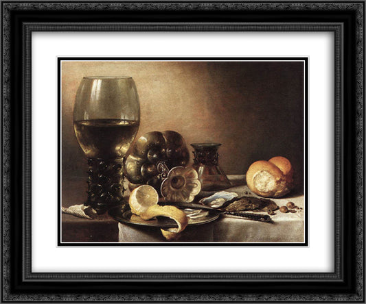 Still Life with Oysters 24x20 Black Ornate Wood Framed Art Print Poster with Double Matting by Claesz, Pieter
