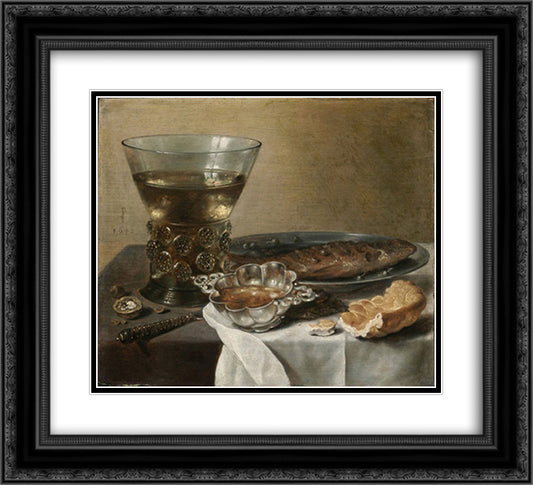 Still Life with Silver Brandy Bowl, Wine Glass, Herring and Bread 22x20 Black Ornate Wood Framed Art Print Poster with Double Matting by Claesz, Pieter