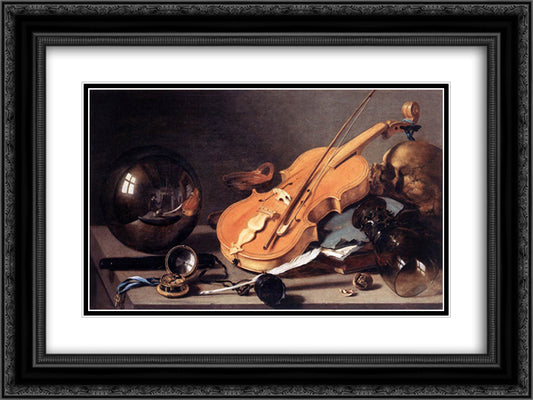 Still Life with Violin and Glass Ball 24x18 Black Ornate Wood Framed Art Print Poster with Double Matting by Claesz, Pieter