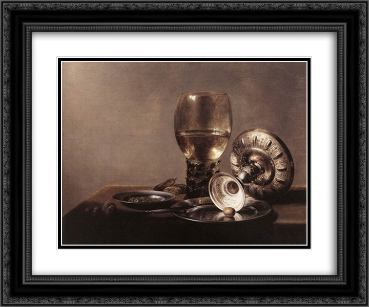 Still Life with Wine Glass and Silver Bowl 24x20 Black Ornate Wood Framed Art Print Poster with Double Matting by Claesz, Pieter