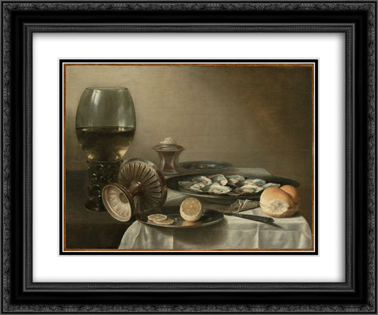 Still Life with Wine Goblet and Oysters 24x20 Black Ornate Wood Framed Art Print Poster with Double Matting by Claesz, Pieter
