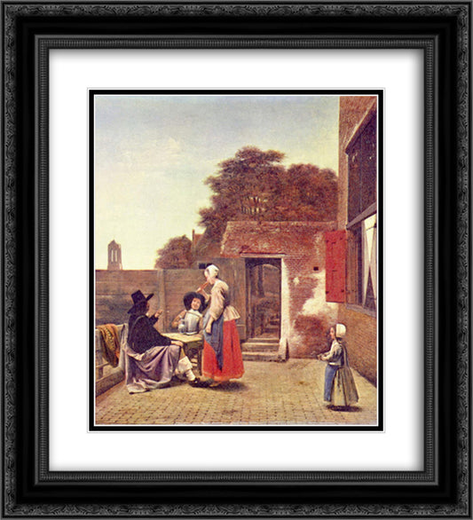 A Dutch Courtyard 20x22 Black Ornate Wood Framed Art Print Poster with Double Matting by Hooch, Pieter de