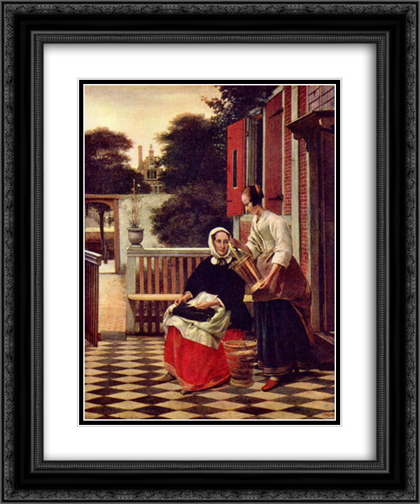 A Mistress and her Maid 20x24 Black Ornate Wood Framed Art Print Poster with Double Matting by Hooch, Pieter de