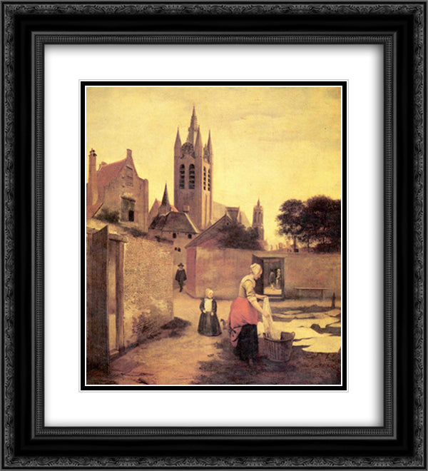 A woman and a child on a Bleichwiese 20x22 Black Ornate Wood Framed Art Print Poster with Double Matting by Hooch, Pieter de