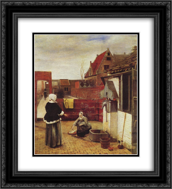 A Woman and a Maid in a Courtyard 20x22 Black Ornate Wood Framed Art Print Poster with Double Matting by Hooch, Pieter de