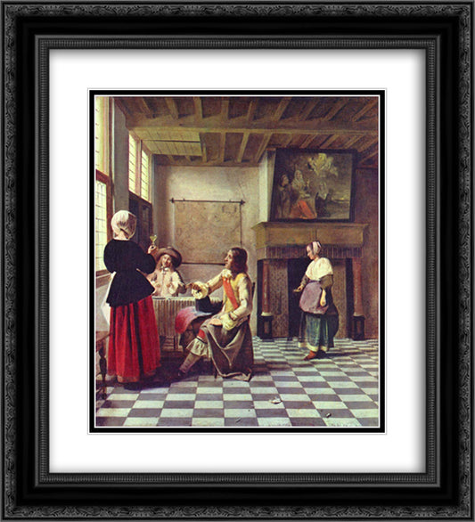 A Woman Drinking with Two Men 20x22 Black Ornate Wood Framed Art Print Poster with Double Matting by Hooch, Pieter de