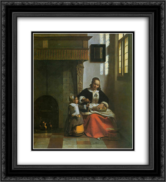 A Woman Peeling Apples 20x22 Black Ornate Wood Framed Art Print Poster with Double Matting by Hooch, Pieter de