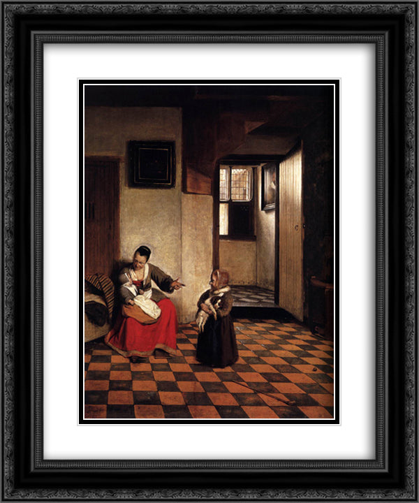 A Woman with a Baby in Her Lap, and a Small Child 20x24 Black Ornate Wood Framed Art Print Poster with Double Matting by Hooch, Pieter de