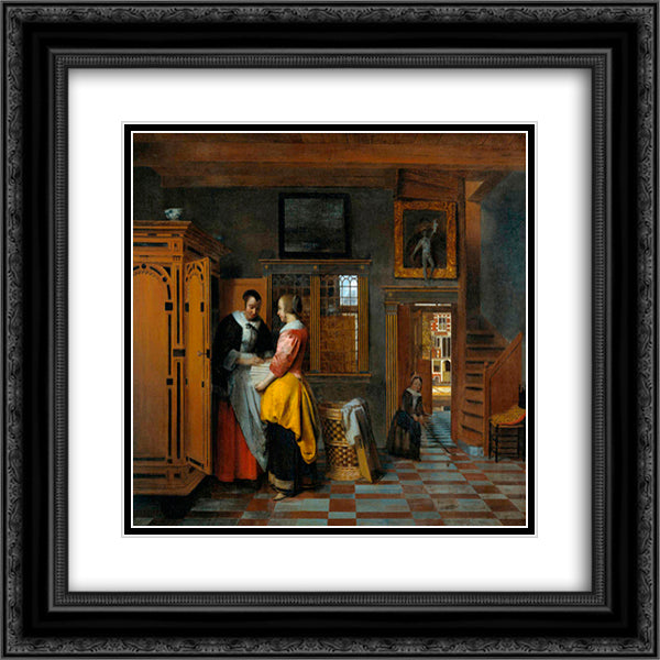 At the Linen Closet 20x20 Black Ornate Wood Framed Art Print Poster with Double Matting by Hooch, Pieter de