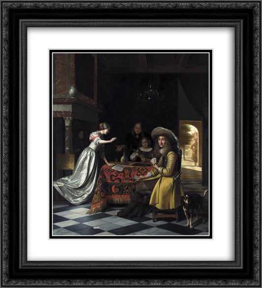 Card Players at a Table 20x22 Black Ornate Wood Framed Art Print Poster with Double Matting by Hooch, Pieter de