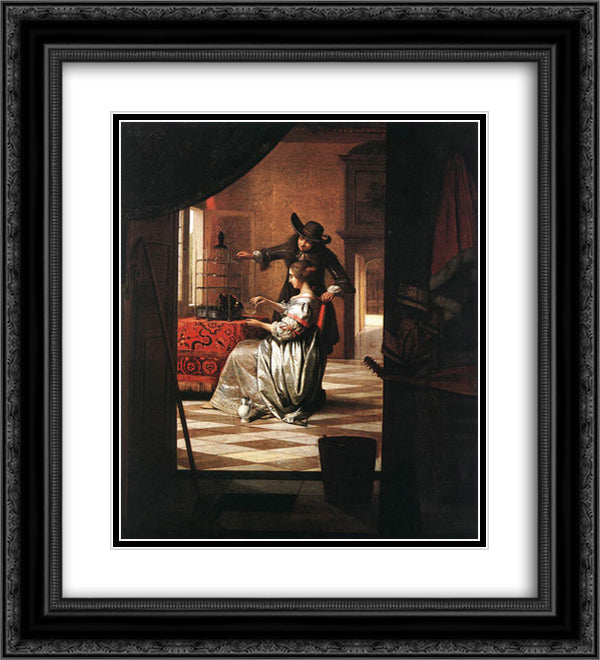 Couple with Parrot 20x22 Black Ornate Wood Framed Art Print Poster with Double Matting by Hooch, Pieter de