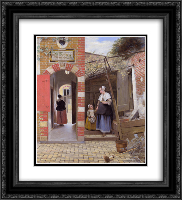 Courtyard of a house in Delft 20x22 Black Ornate Wood Framed Art Print Poster with Double Matting by Hooch, Pieter de