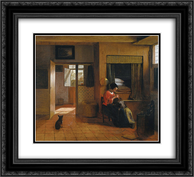 Interior with a Mother delousing her Child 22x20 Black Ornate Wood Framed Art Print Poster with Double Matting by Hooch, Pieter de