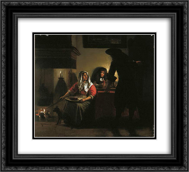 Interior with Two Gentleman and a Woman Beside a Fire 22x20 Black Ornate Wood Framed Art Print Poster with Double Matting by Hooch, Pieter de