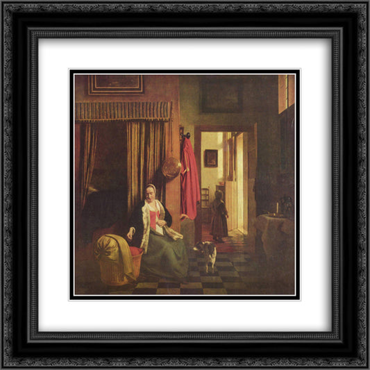 Mother at the cradle 20x20 Black Ornate Wood Framed Art Print Poster with Double Matting by Hooch, Pieter de