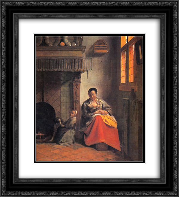 Nursing mother 20x22 Black Ornate Wood Framed Art Print Poster with Double Matting by Hooch, Pieter de