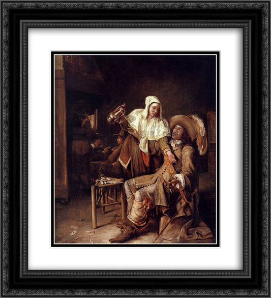 Tavern scene with maid trying to fill the glass of a cavalier (The Empty Glass) 20x22 Black Ornate Wood Framed Art Print Poster with Double Matting by Hooch, Pieter de